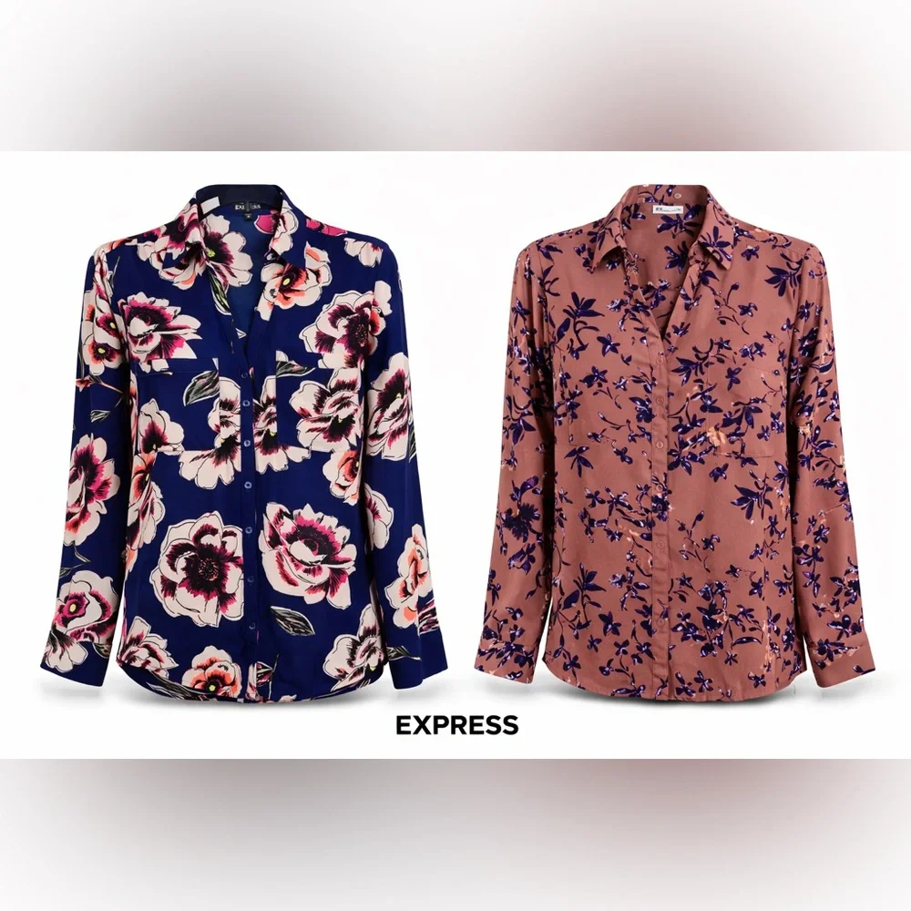 Express Floral Button-Down Bundle Shirt in Navy and Dusty Rose Work Office Chic - Picture 2 of 15